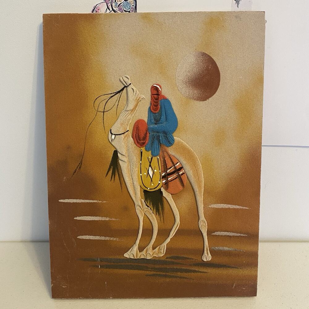 VTG Original Sand Art Painting Men On A Carmel Sahara Desert Egyptian Wall Decor
